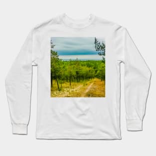 Landscape. Green forest, sea and blue sky. Clearing in the forest Long Sleeve T-Shirt